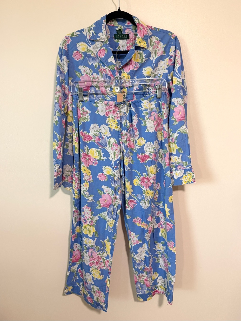 vintage ralph lauren blue and pink floral 100% cotton pajama 2 piece set